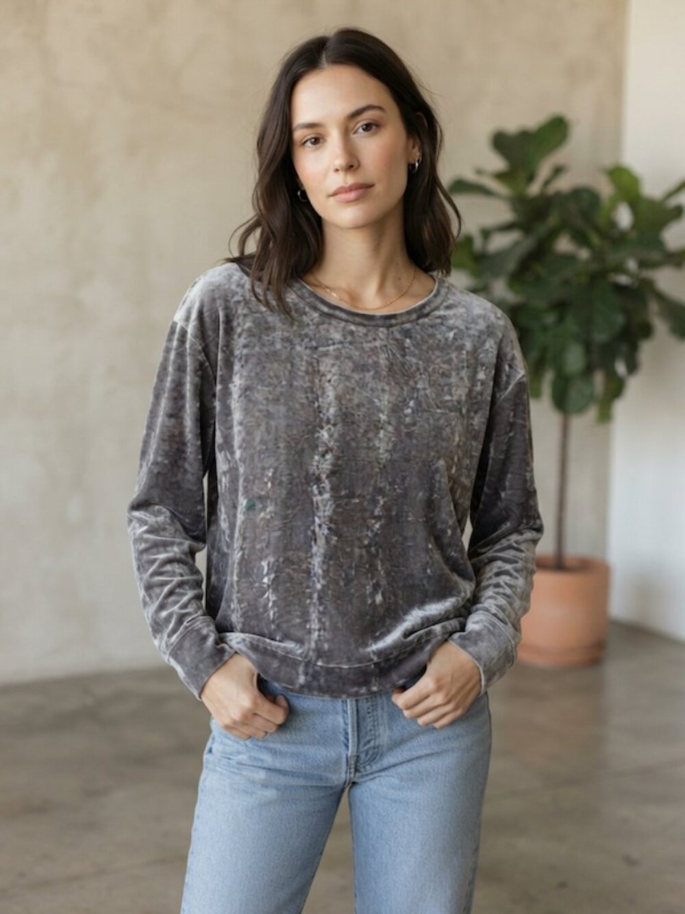 H&M Crushed Velvet Long Sleeve Pullover Grey Small